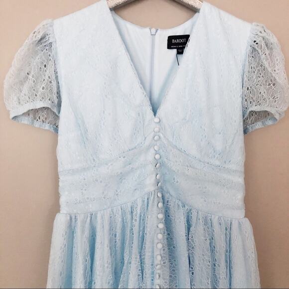 Bardot Blue Mist Bonnie Puff Short Sleeve Lace Dress NEW - Picture 2 of 5